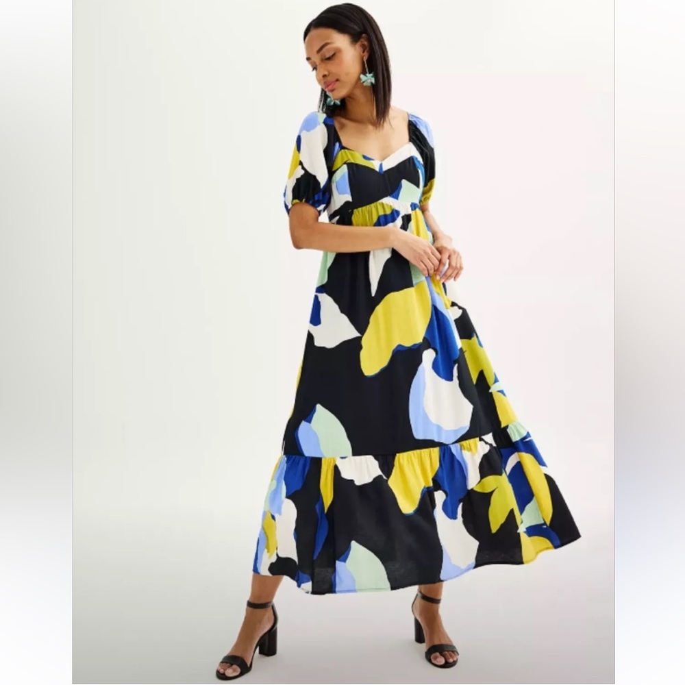 Nine West NWT Abstract Artsy Babydoll Maxi Dress Ruffle Hem Size‎ XS Colorful